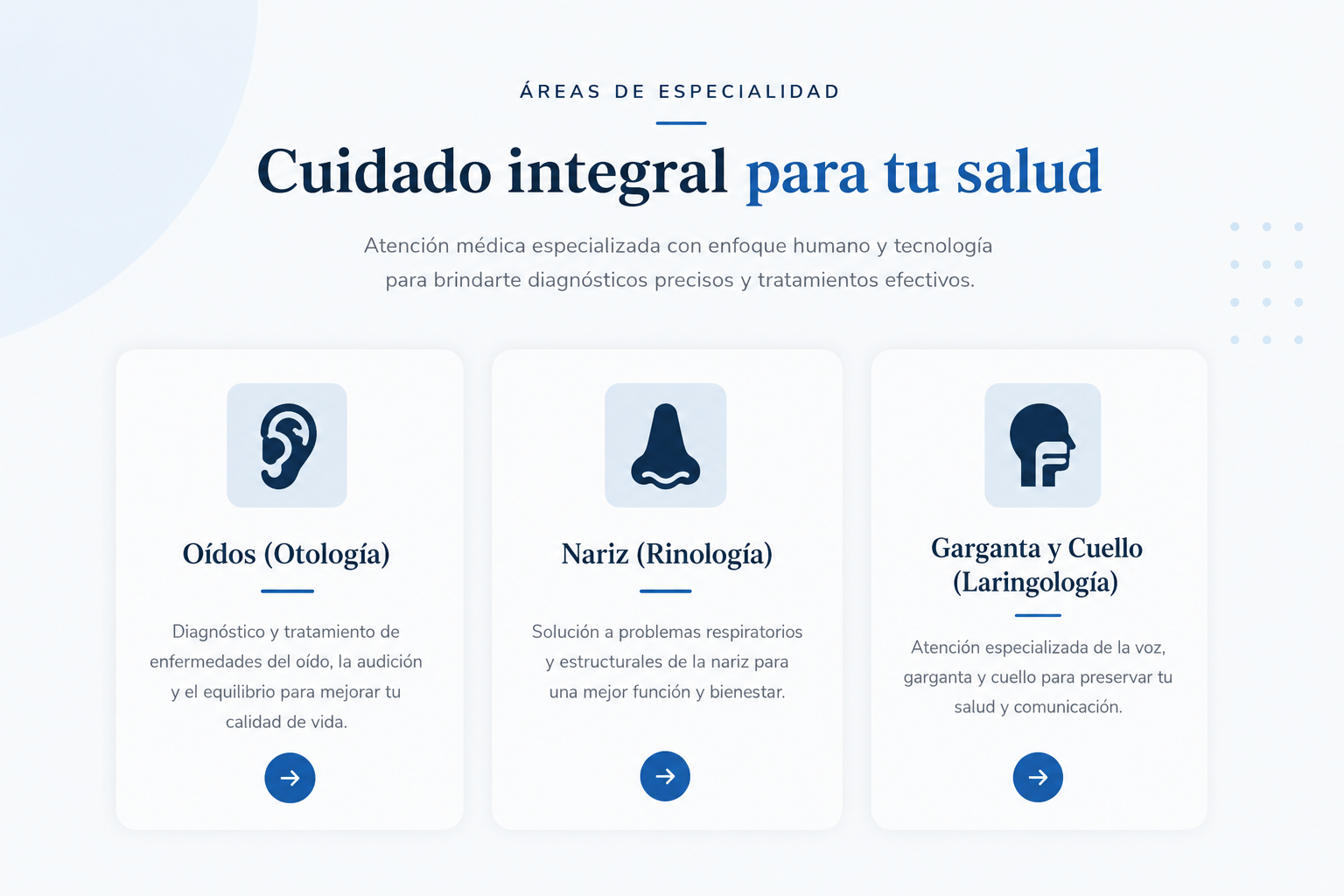 Áreas de especialidad: oídos, nariz, garganta y cuello